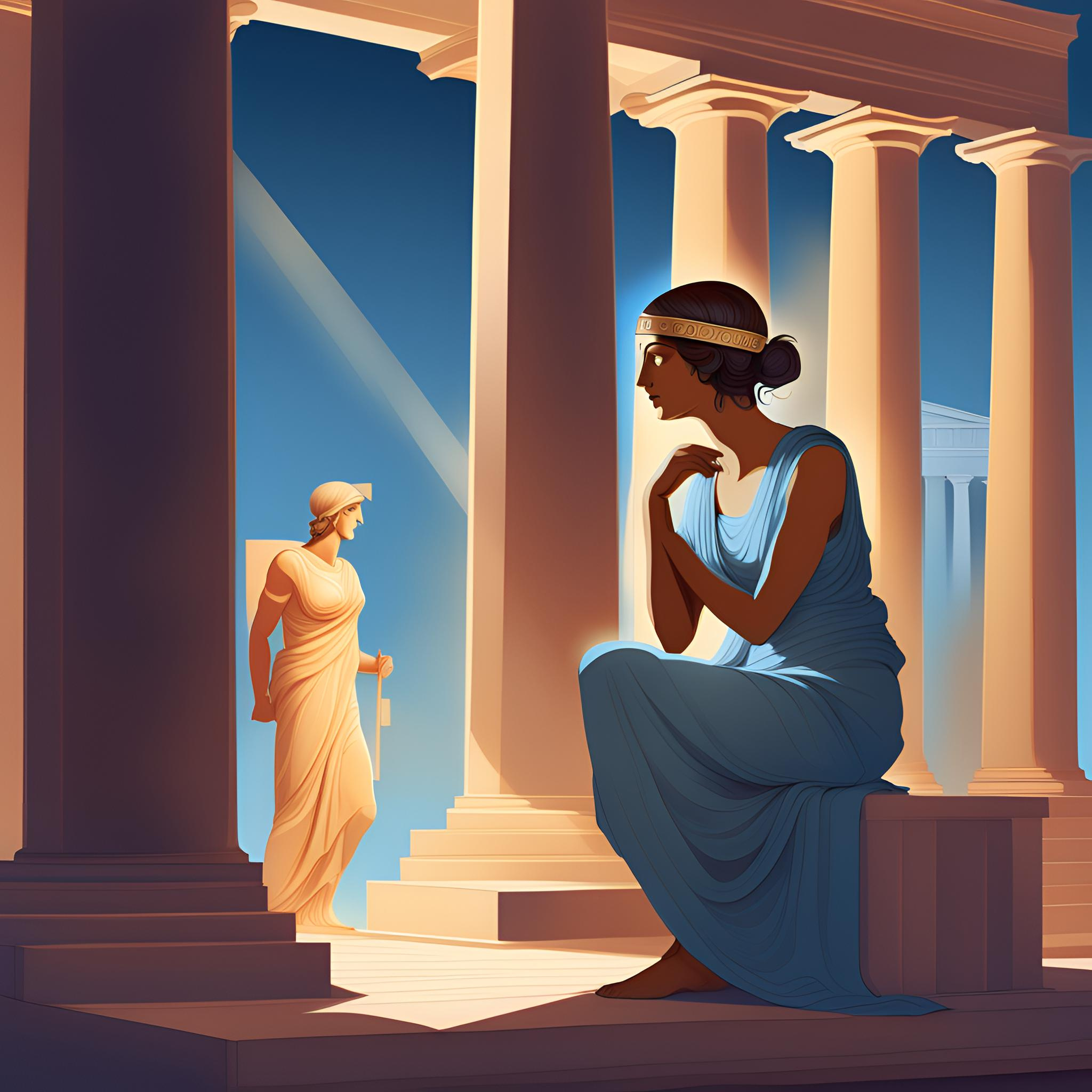 An ancient Greek architect ponders over some blueprints; in the background ancient Greek workmen lift a pillar into place