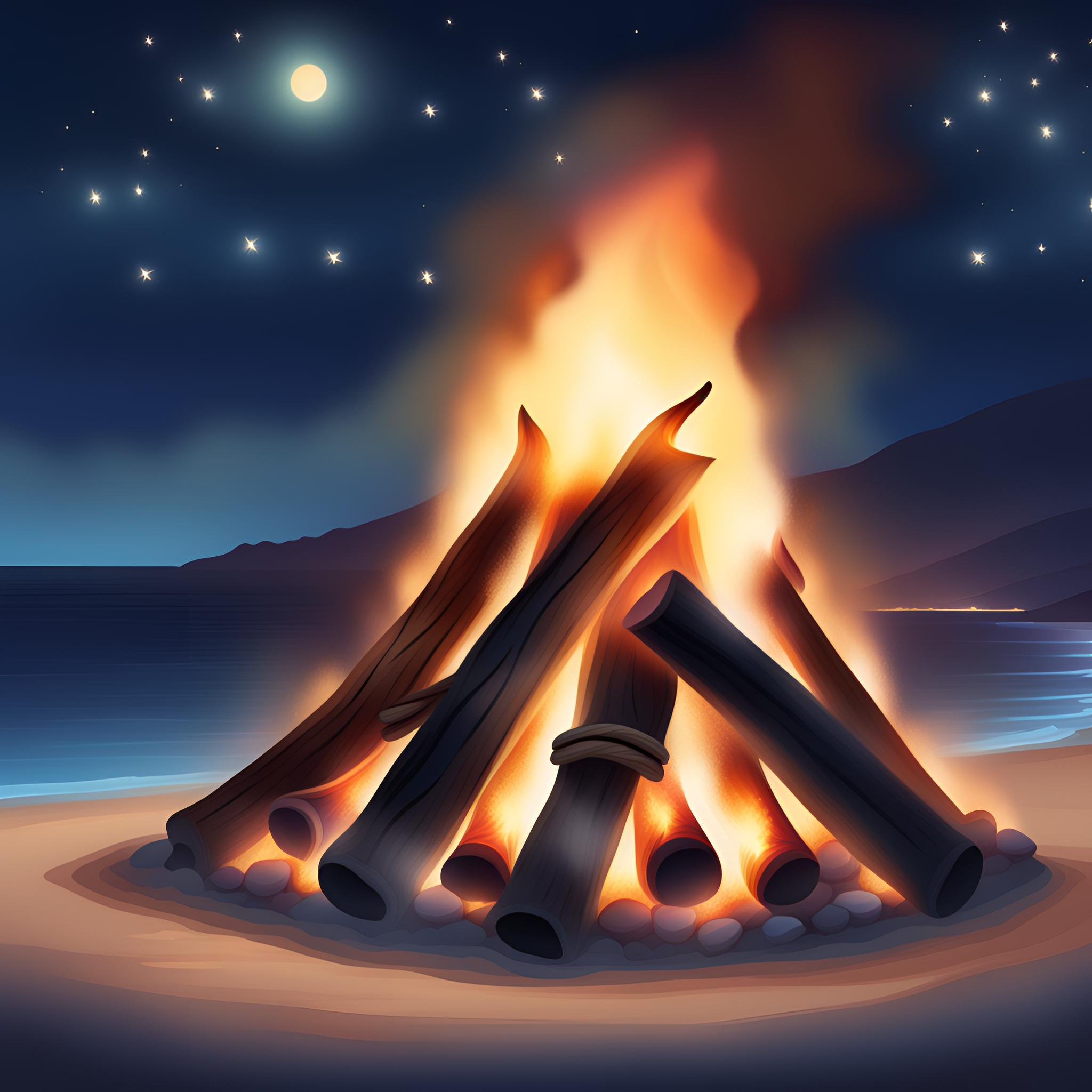 closeup of bonfire on a Greek shoreline on a starry night