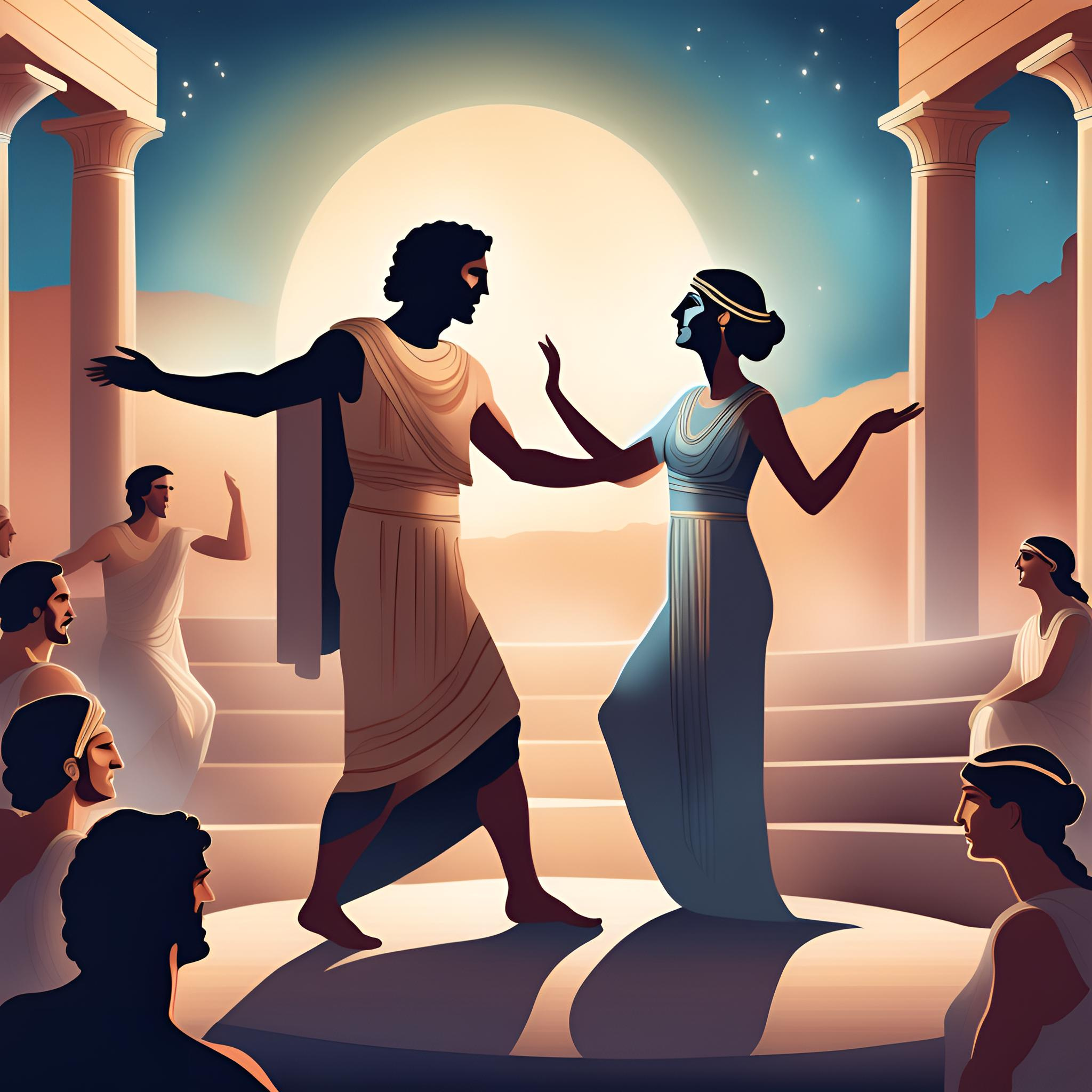 male and female ancient Greek actors performing in an outdoor amphitheater